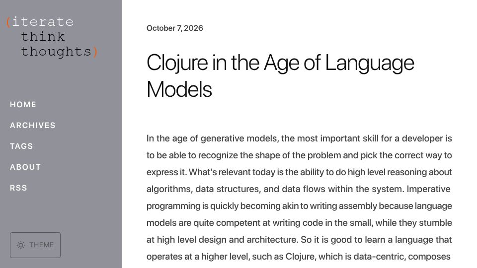 Screenshot of yogthos.net: Clojure in the age of language models