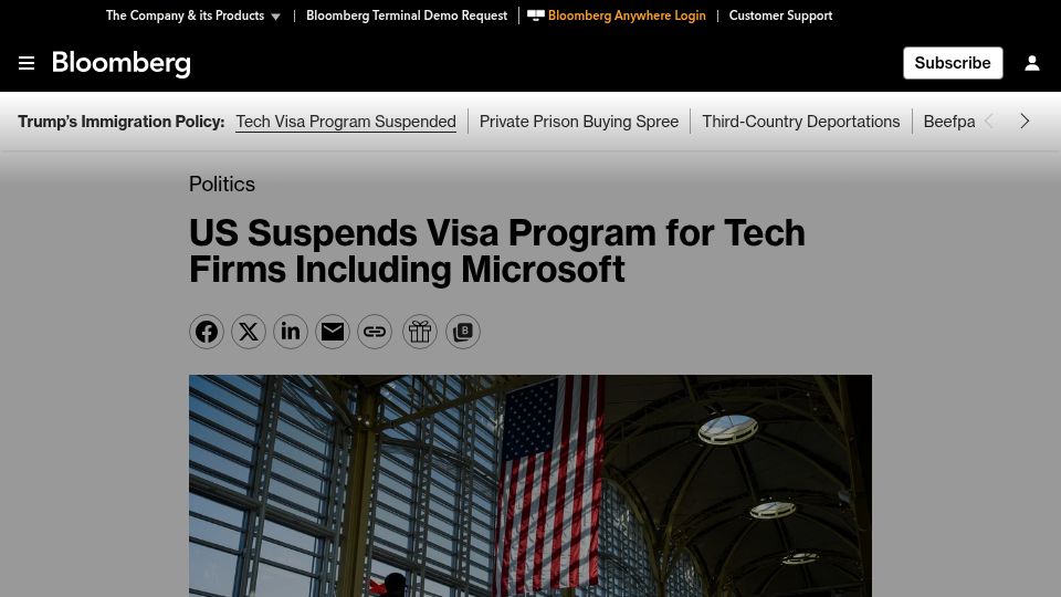 Screenshot of apnews.com: Trump administration is suspending Microsoft from a green card program