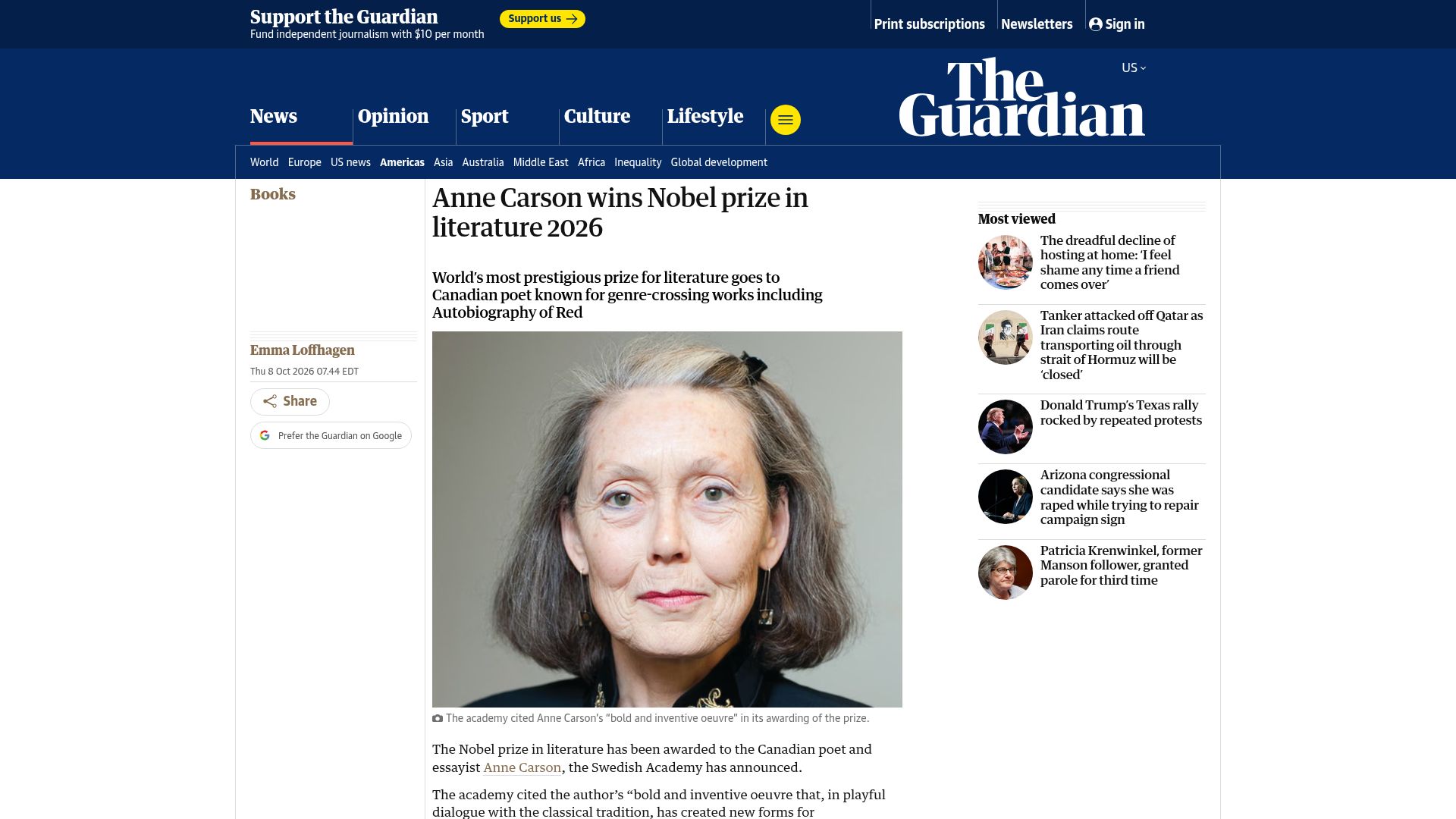Screenshot of theguardian.com: Anne Carson wins Nobel Prize in literature 2026