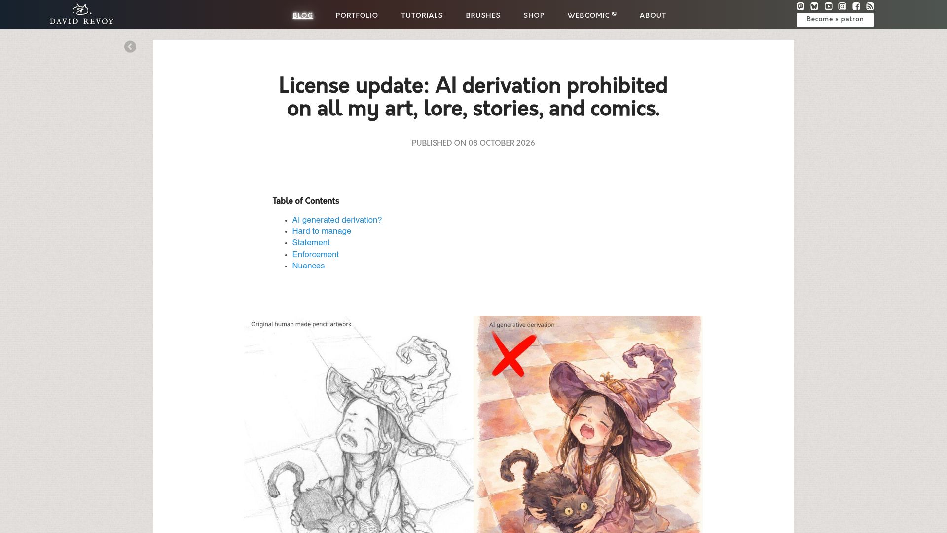 Screenshot of davidrevoy.com: License update: AI derivation prohibited on all my art, lore, stories, comics