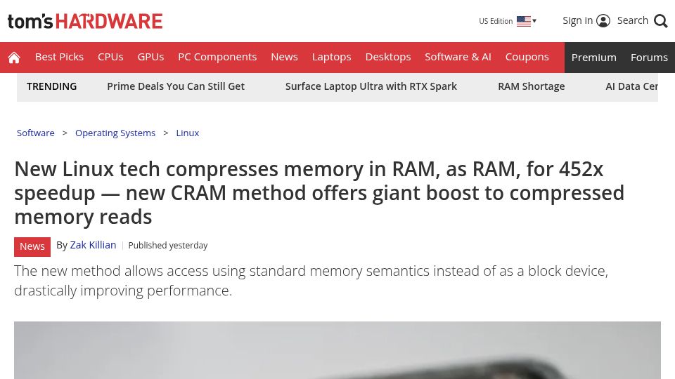 Screenshot of tomshardware.com: New CRAM method offers giant boost to compressed memory reads