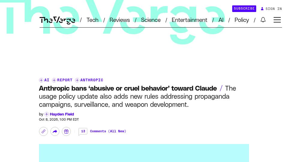 Screenshot of theverge.com: Anthropic bans 'abusive or cruel behavior' towards Claude