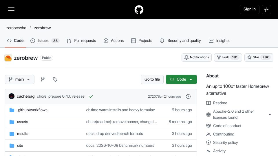 Screenshot of github.com: A 100x faster* alternative to homebrew