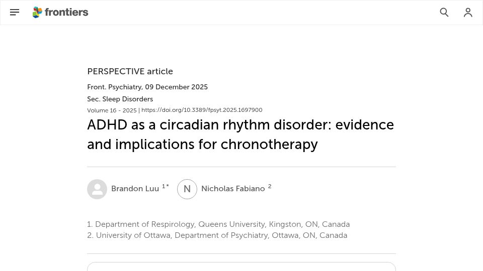 Screenshot of frontiersin.org: ADHD as a circadian rhythm disorder: evidence and implications for chronotherapy (2025)