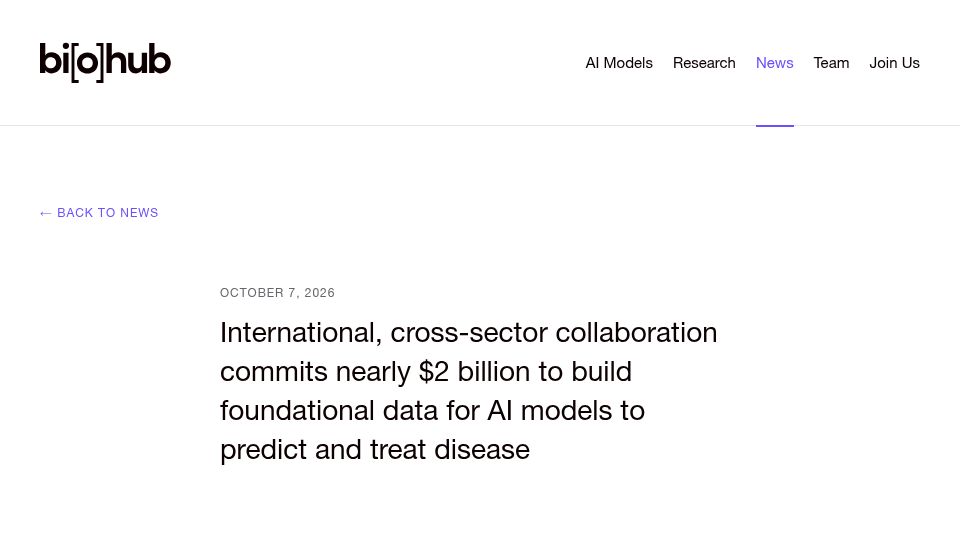 Screenshot of biohub.org: AI-ready biological data: $1.8B global commitment
