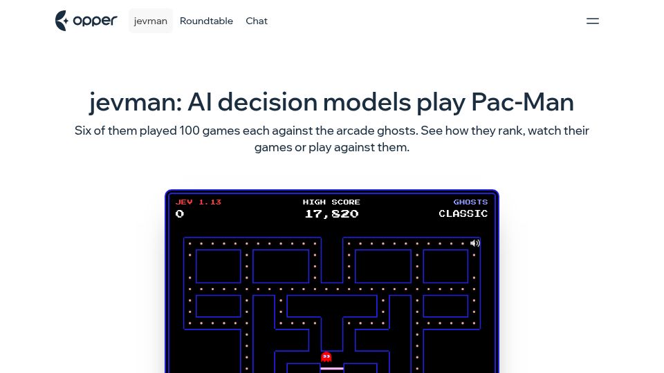 Screenshot of opper.ai: Show HN: Jevman – AI decision models play Pac-Man