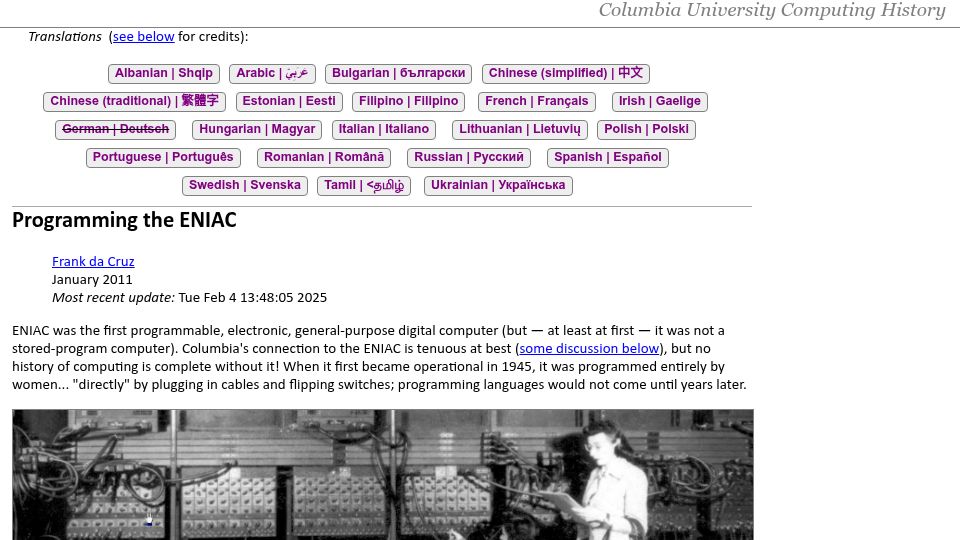 Screenshot of columbia.edu: ENIAC Programmers (2011)