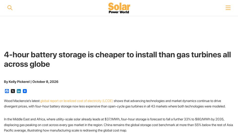 Screenshot of solarpowerworldonline.com: 4-hour battery storage is cheaper to install than gas turbines all across globe