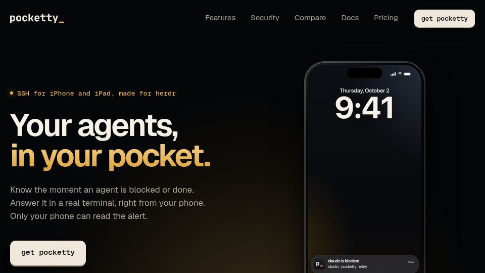Screenshot of pocketty.app: Show HN: Pocketty – iPhone SSH terminal that pings you when an agent is blocked