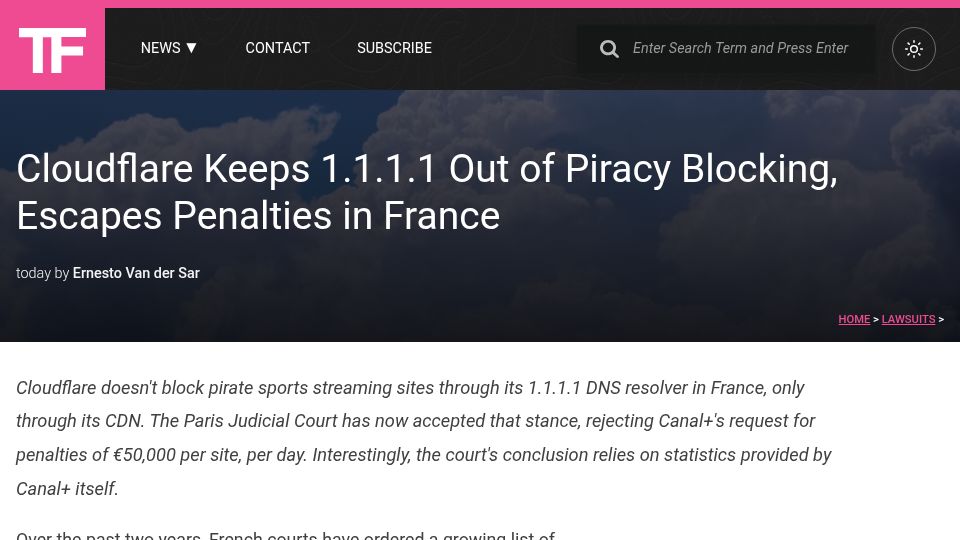 Screenshot of torrentfreak.com: Cloudflare Keeps 1.1.1.1 Out of Piracy Blocking, Escapes Penalties in France