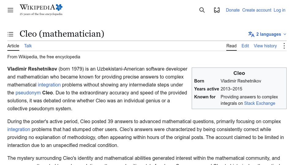 Screenshot of en.wikipedia.org: Cleo (Mathematician)