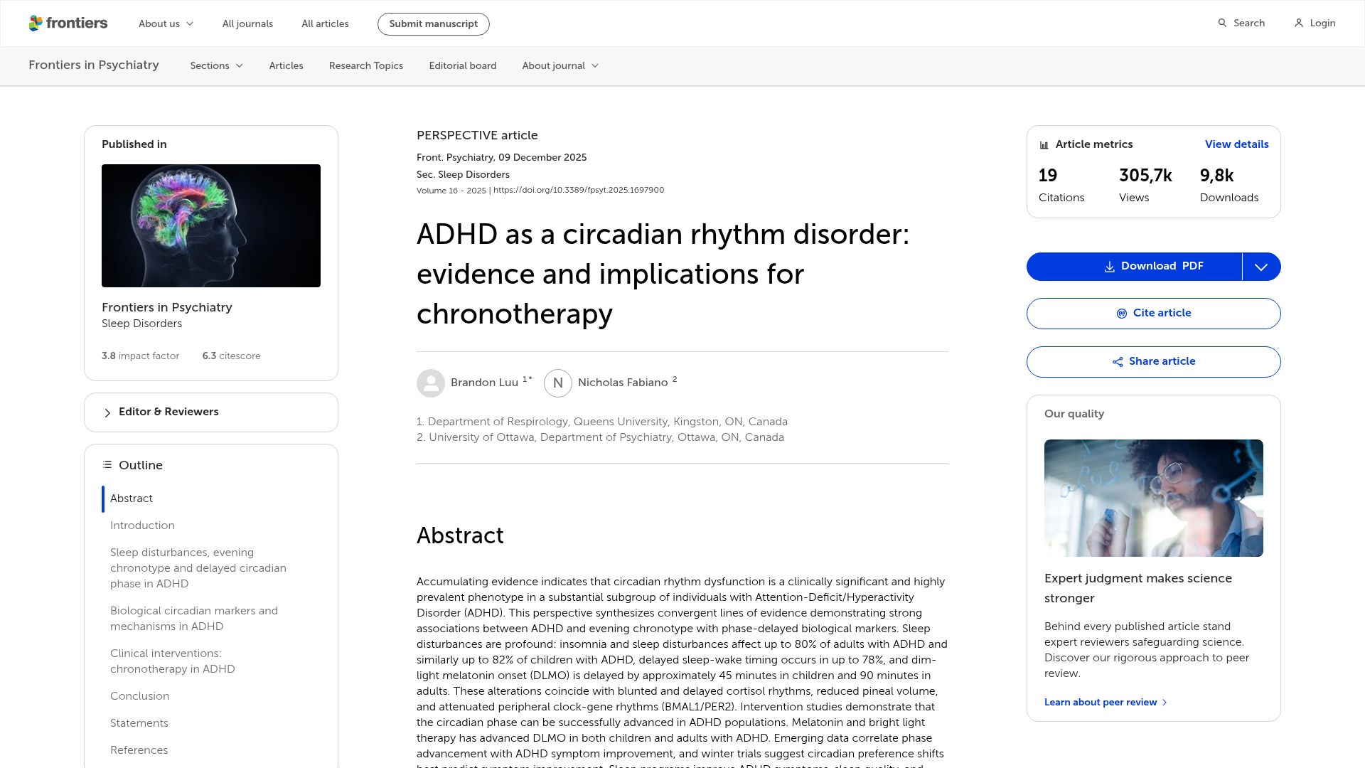 Screenshot of frontiersin.org: ADHD as a circadian rhythm disorder: evidence and implications for chronotherapy (2025)