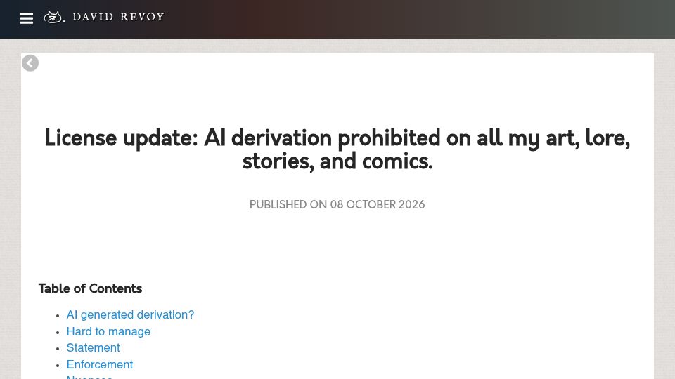 Screenshot of davidrevoy.com: License update: AI derivation prohibited on all my art, lore, stories, comics