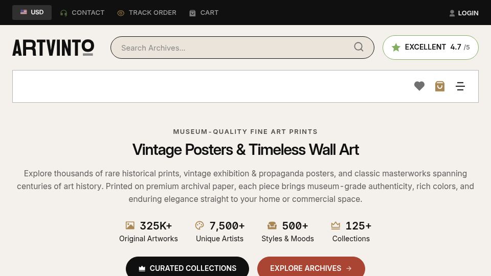 Screenshot of artvinto.com: Show HN: Artvinto – Vintage posters and fine art prints