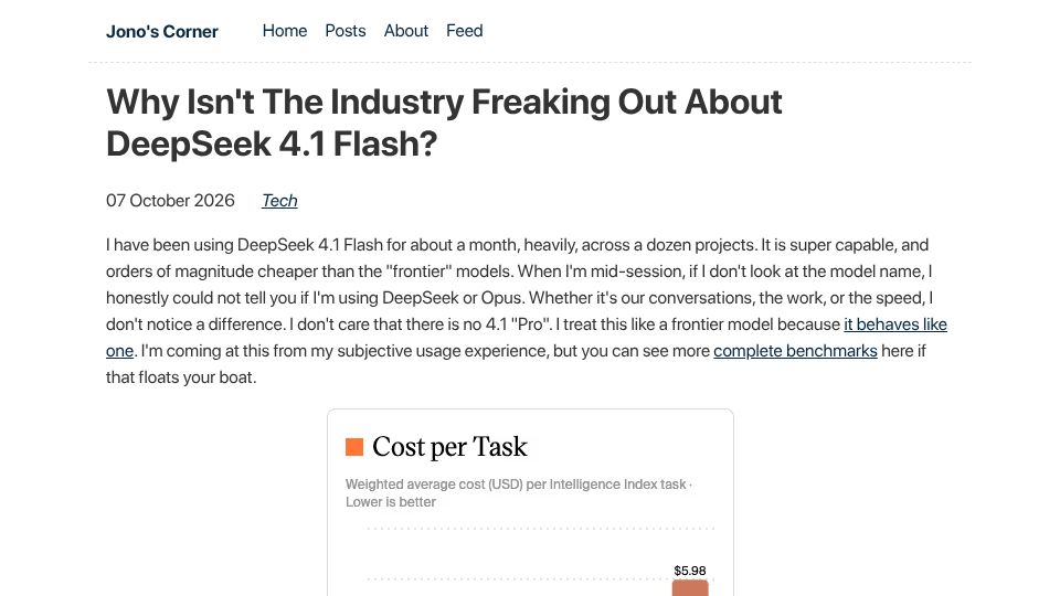 Screenshot of dgt.is: Why isn't the industry freaking out about DeepSeek 4.1 Flash?