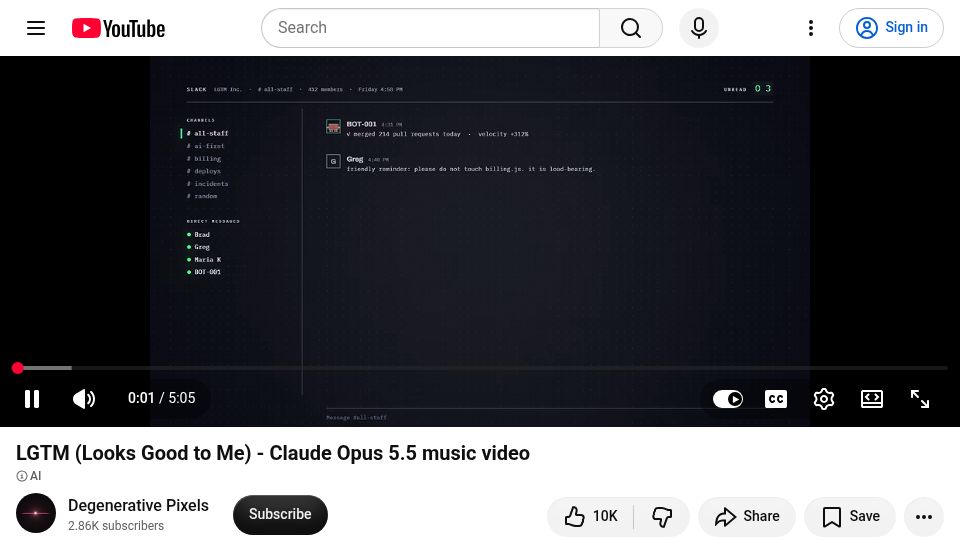 Screenshot of youtube.com: LGTM (Looks Good to Me) – Claude Opus 5.5 Music Video