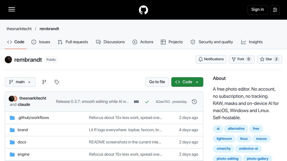 Screenshot of github.com: Show HN: Free open source Adobe Lightroom alternative, completely local with AI