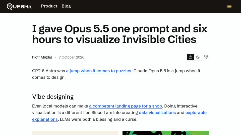 Screenshot of quesma.com: I gave Opus 5.5 one prompt and six hours to visualize Invisible Cities