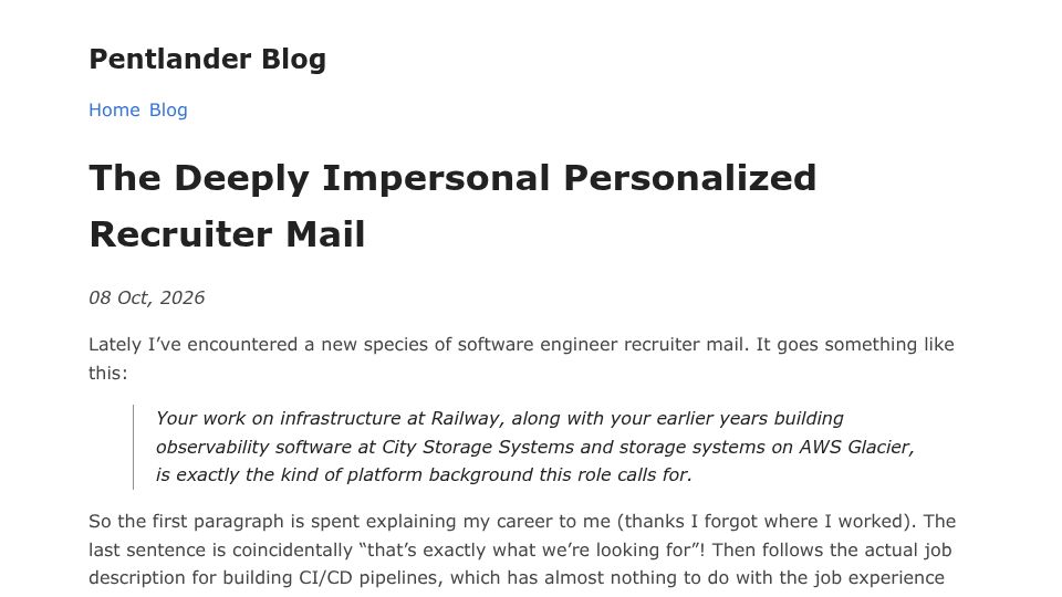 Screenshot of blog.pentlander.com: The Deeply Impersonal Personalized Recruiter Mail