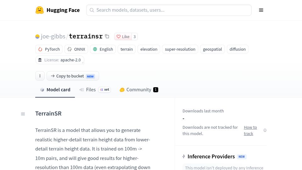Screenshot of huggingface.co: Show HN: TerrainSR – fast, realistic heightmap upscaling model
