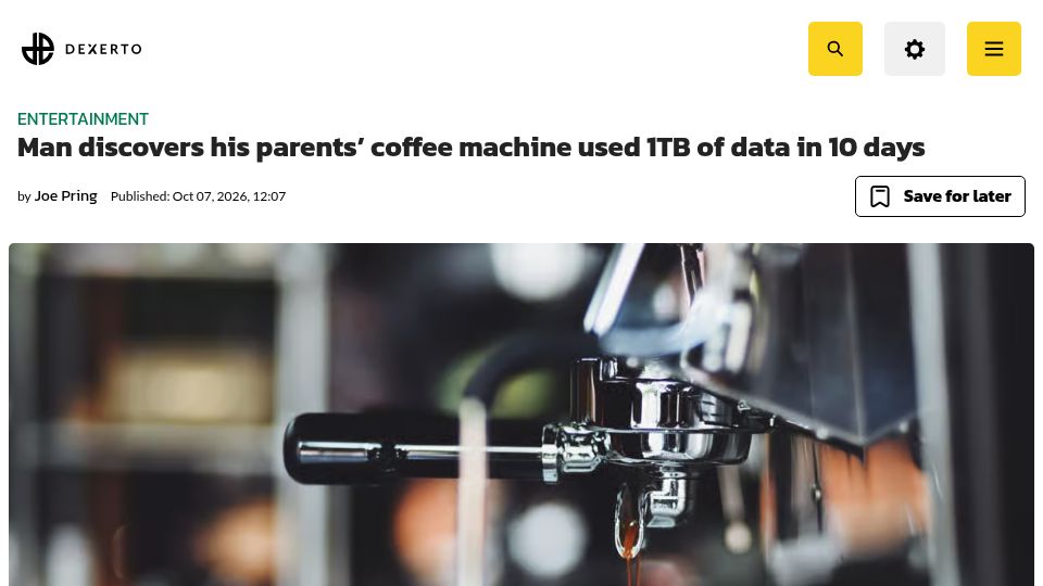 Screenshot of dexerto.com: Man discovers his parents' coffee machine used 1TB of data in 10 days