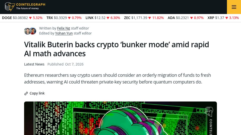 Screenshot of cointelegraph.com: Vitalik Buterin backs crypto ‘bunker mode’ amid rapid AI math advances