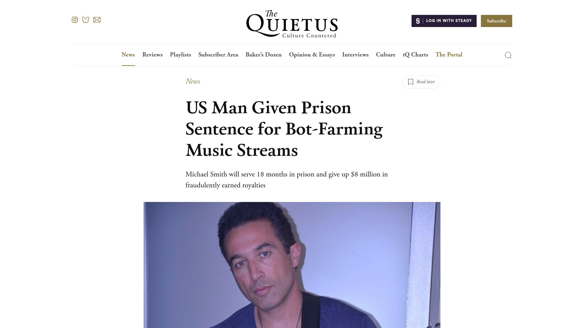 Screenshot of thequietus.com: US man given prison sentence for bot-farming music streams