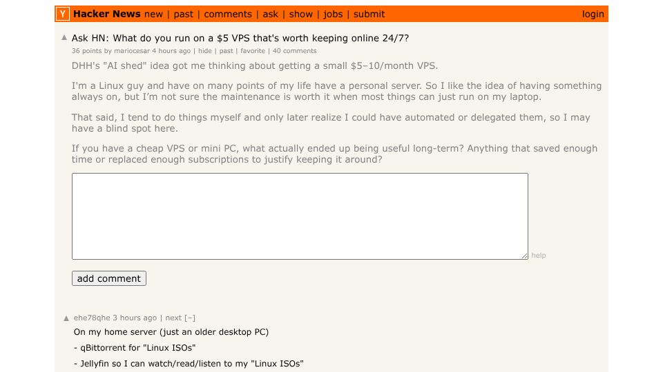 Screenshot of Hacker News post: Ask HN: What do you run on a $5 VPS that's worth keeping online 24/7?