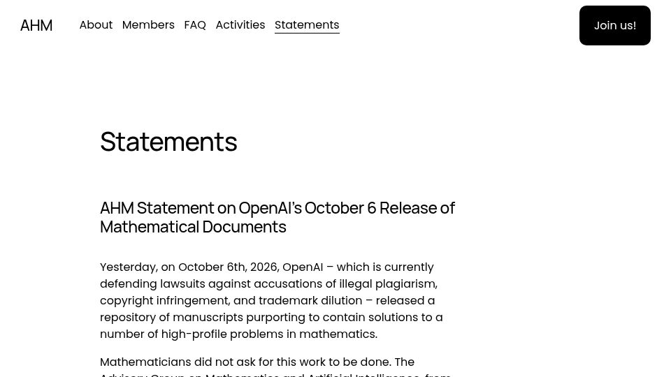 Screenshot of ahmath.org: AHM Statement on OpenAI's October 6 Release of Mathematical Documents