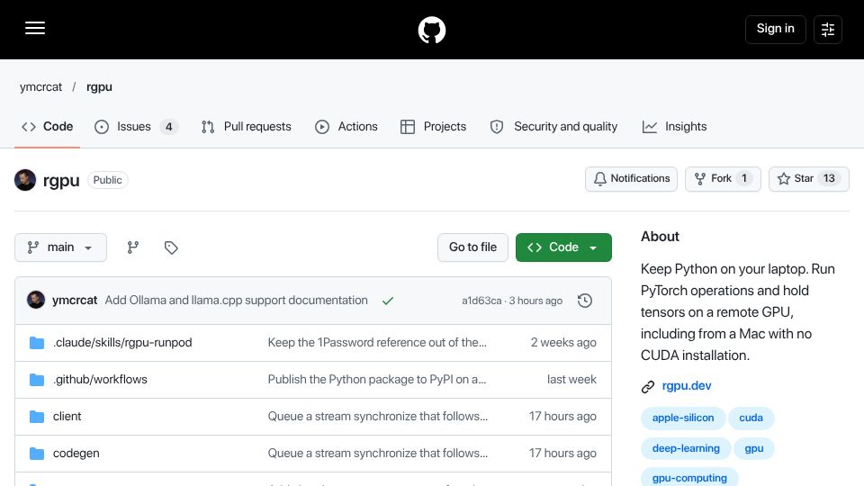 Screenshot of github.com: Show HN: Rgpu – a PyTorch device whose tensors live on a remote GPU