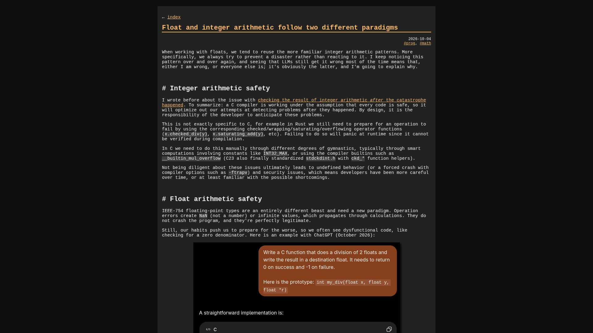 Screenshot of blog.pkh.me: Float and integer arithmetic follow two different paradigms