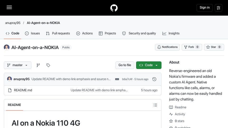 Screenshot of github.com: Show HN: I Put an AI Agent on a Nokia 110