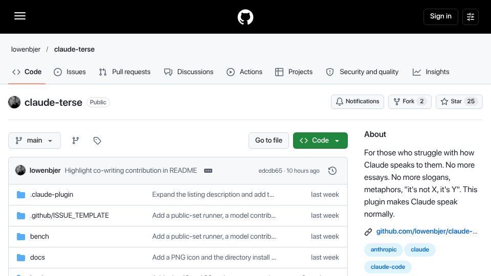 Screenshot of github.com: Show HN: Terse, a Claude Code plugin that halves reply length by cutting filler