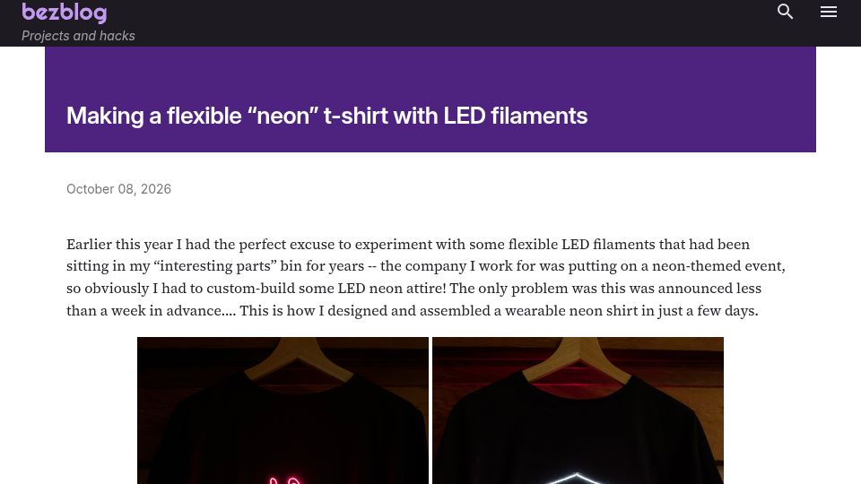 Screenshot of scottbezek.blogspot.com: Show HN: Making a flexible "neon" t-shirt with LED filaments