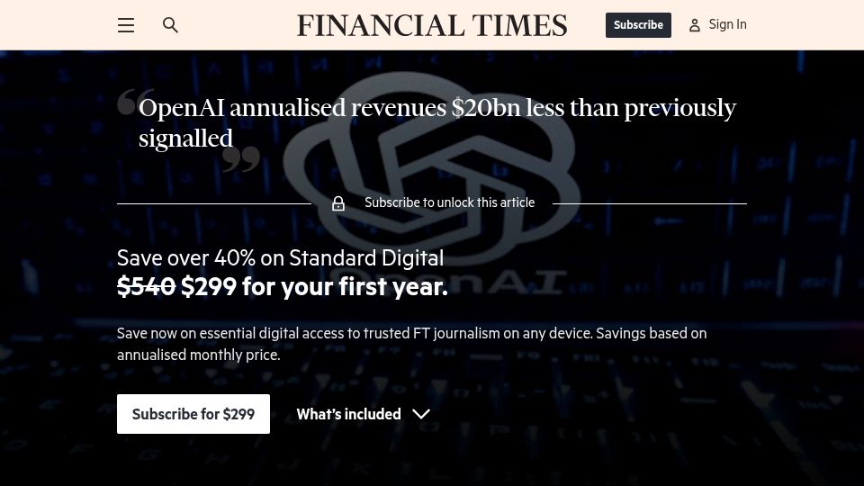 Screenshot of cnbc.com: OpenAI annualised revenues $20B less than previously signalled