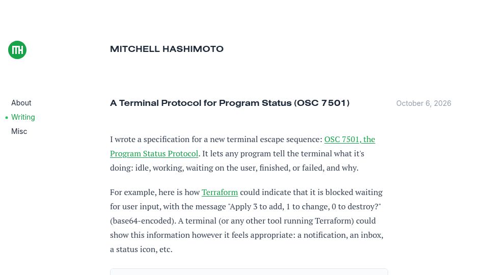 Screenshot of mitchellh.com: A Terminal Protocol for Program Status (OSC 7501)
