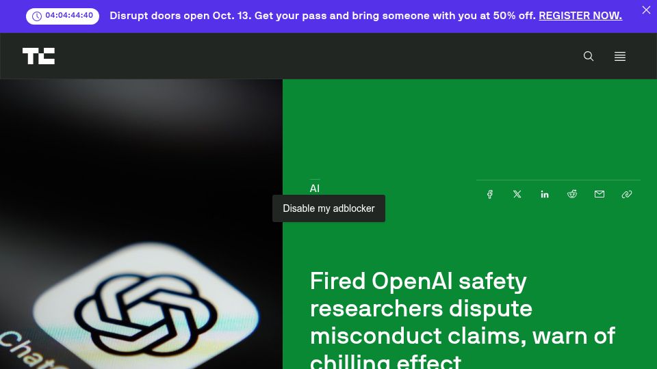 Screenshot of techcrunch.com: OpenAI fires three safety researchers for "mishandling research information"