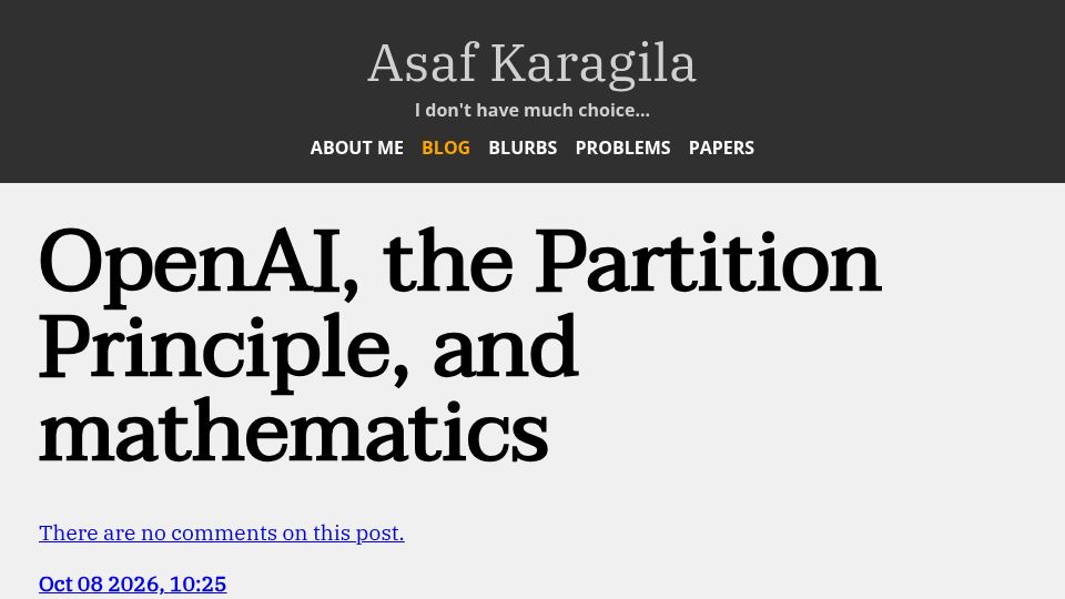 Screenshot of karagila.org: OpenAI, the Partition Principle, and Mathematics