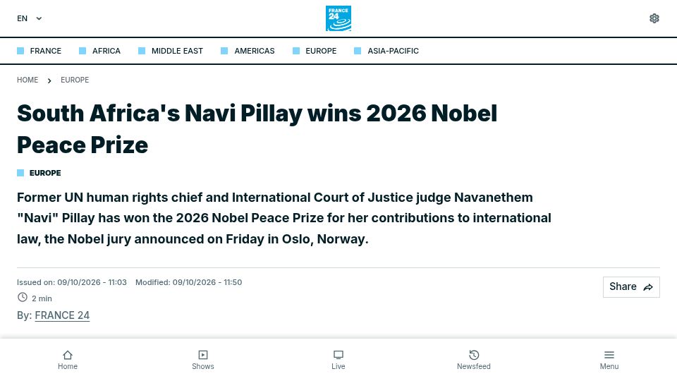 Screenshot of france24.com: South Africa's Navanethem 'Navi' Pillay Wins 2026 Nobel Peace Prize