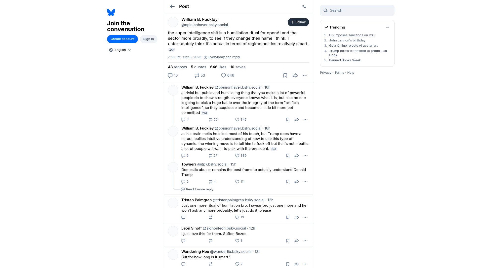 Screenshot of bsky.app: The super intelligence shit is a humiliation ritual for OpenAI