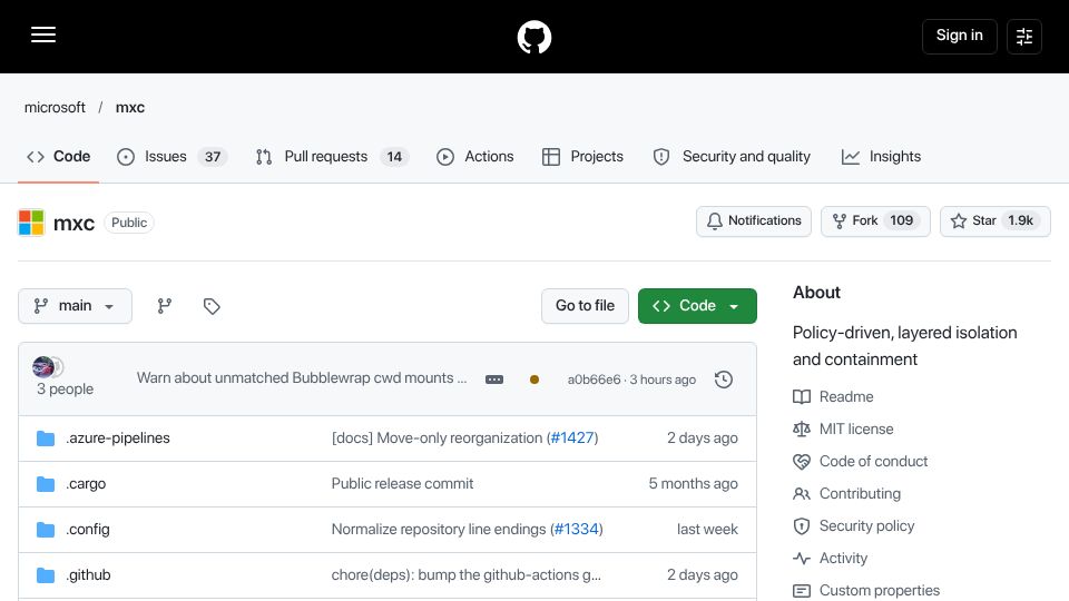Screenshot of github.com: MXC - a sandboxed code execution system