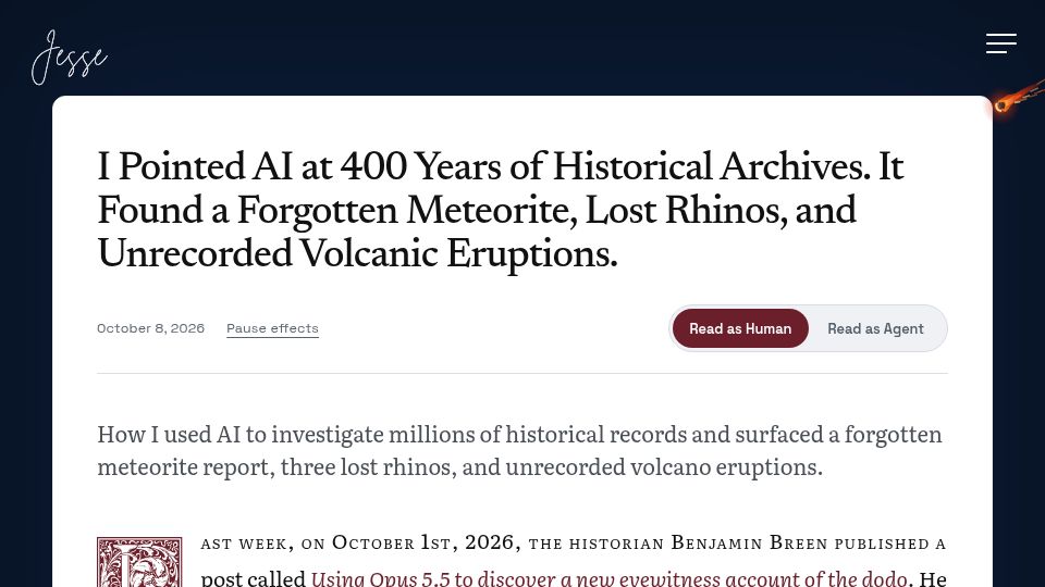 Screenshot of jessewaites.com: Pointing AI at archives found a forgotten meteorite, lost rhinos, and more