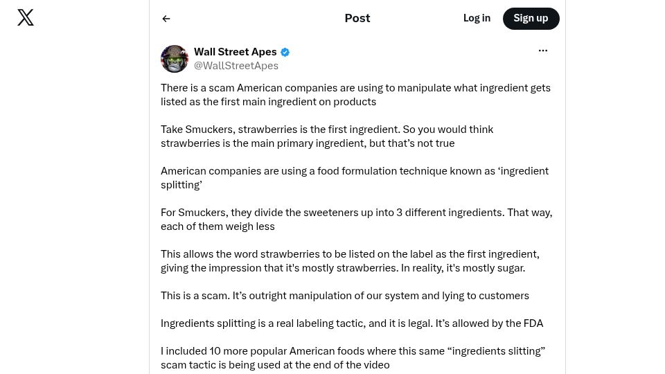 Screenshot of twitter.com: Scam American companies are using to manipulate ingredient lists