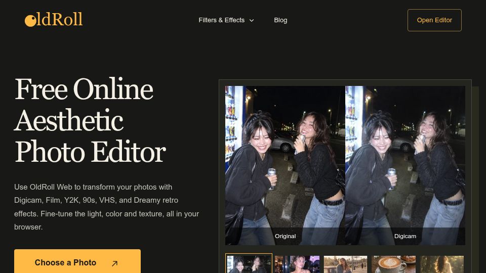 Screenshot of oldroll.io: Show HN: OldRoll, a free vintage photo editor for the browser