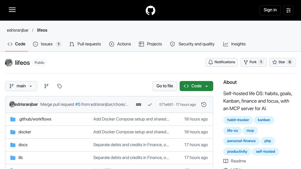 Screenshot of github.com: Show HN: Edi Life OS – self-hosted life dashboard with an MCP server for AI