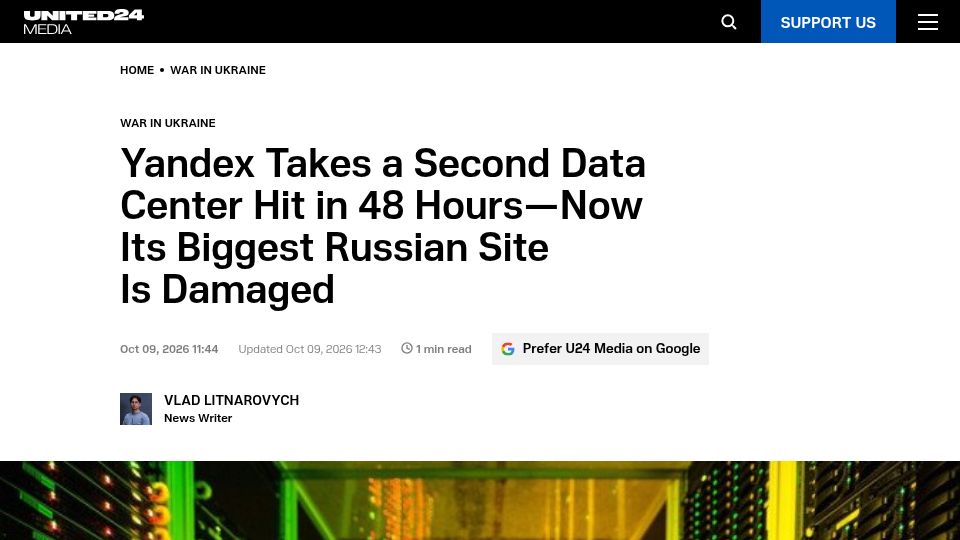 Screenshot of united24media.com: Yandex Takes a Second Data Center Hit in 48 Hours