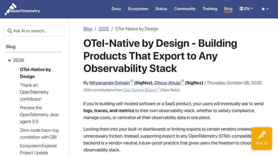 Screenshot of opentelemetry.io: OTel-Native by Design – Building Products That Export to Any Observability Stack