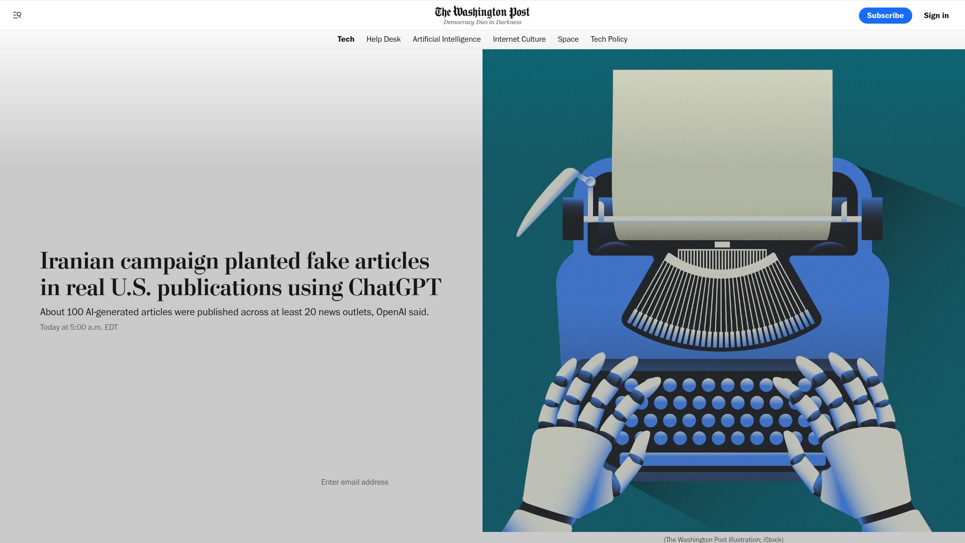 Screenshot of washingtonpost.com: Iranian campaign planted fake articles in real U.S. publications using ChatGPT