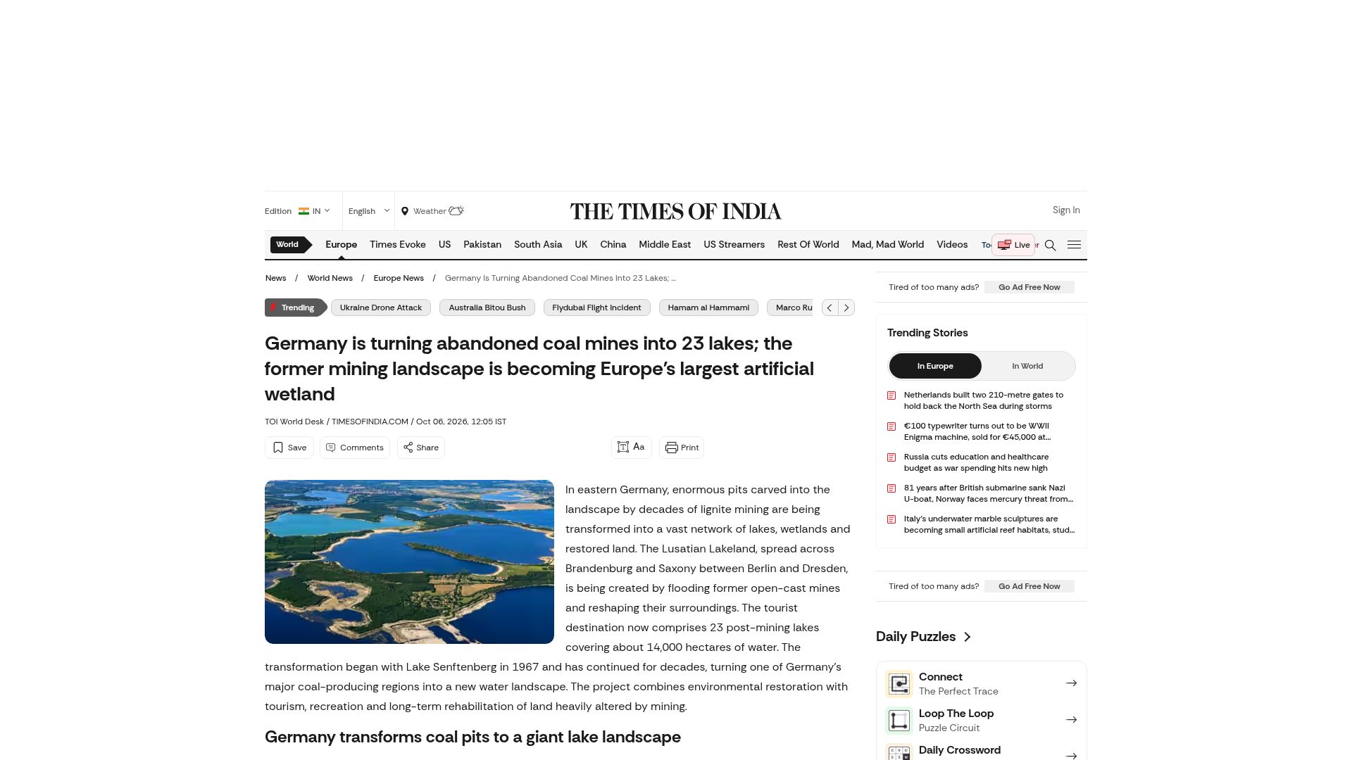 Screenshot of euronews.com: Germany transforms former coal mines into Europe's largest lake landscape