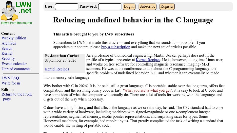 Screenshot of lwn.net: Reducing undefined behavior in the C language
